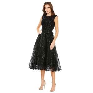 Mac Duggal A20398 Black Floral Embroidered Sequin Midi Dress Size 8 $498